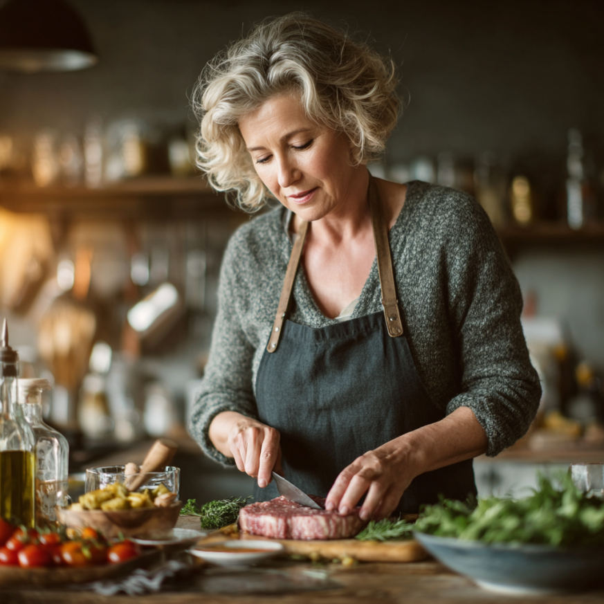 По-възрастна жена приготвя здравословна храна