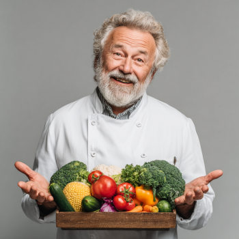 Щастлива по-възрастна двойка готви заедно здравословна храна